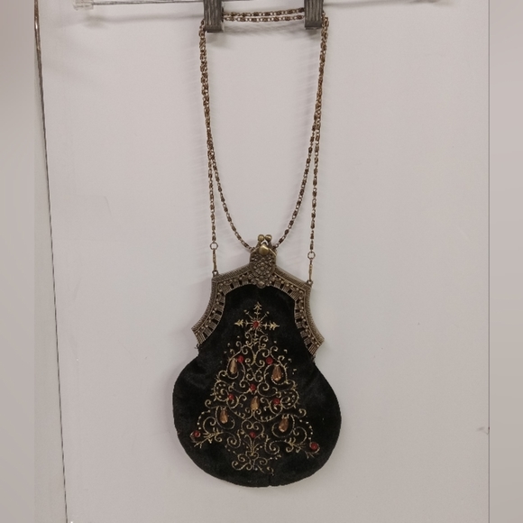Vintage 1930's Handbag Velvet Evening Christmas Tree Rhinestones Chain Crossbody - Picture 1 of 6